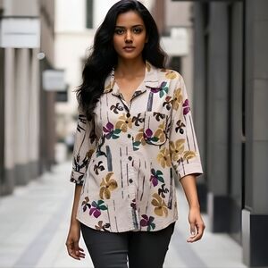 Produce Company Linen Blend Floral Women's Shacket Creme Abstract Art Size Large